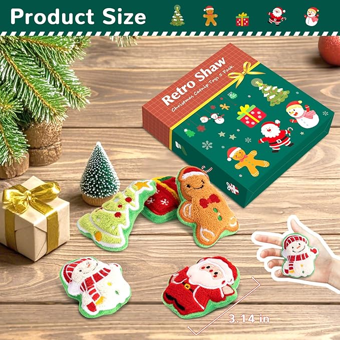 Retro Shaw 5Pcs Christmas Catnip Toys, Crinkle Sound Cat Toys for Indoor Kittens Kitty, Fun Cat Gift Interactive Cat Nip Kicker Teeth Cleaning Pet Toy for All Breeds
