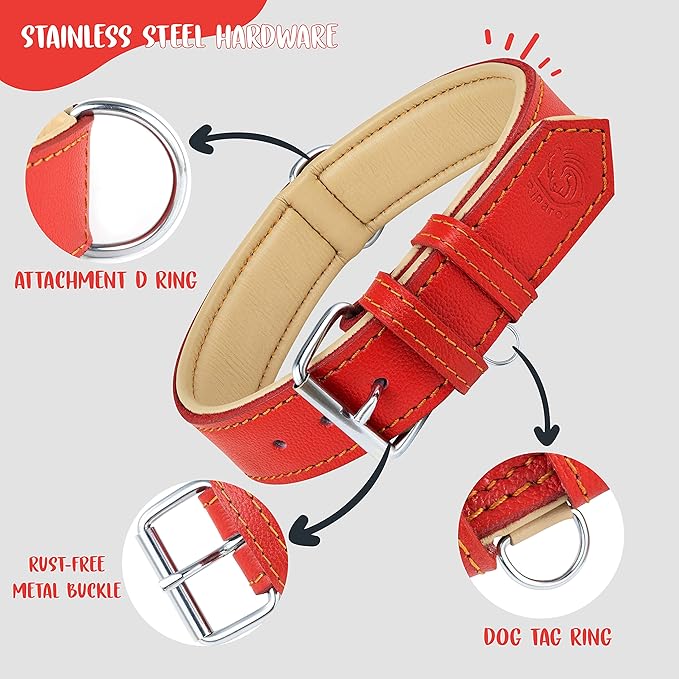 Riparo Red Leather Dog Collar - Heavy Duty Wide Dog Collar for Small, Medium, Large and Extra Large Dogs with Dog Tag Holder (XL: 1.75" Wide for 21”-25” Neck, Red)