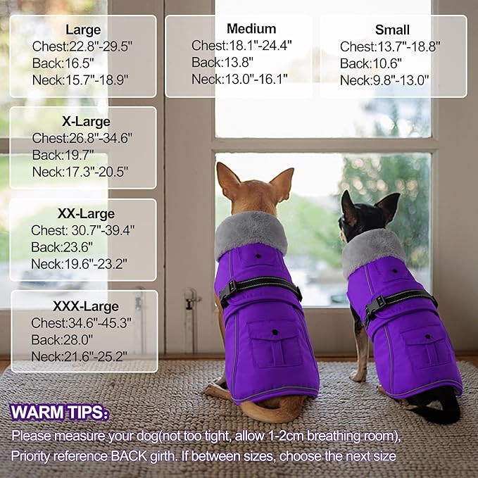 Dogcheer Dog Coat with Pocket, Waterproof Dog Jacket with Adjustable Buckle, Reflective Puppy Winter Coat Warm Turtleneck Fleece SnowJacket for Small Medium Large Dogs - Purple S
