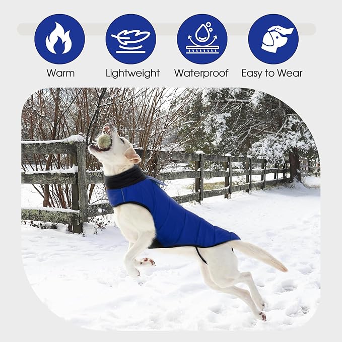 IDOMIK Dog Winter Coat, Warm Waterproof Dog Puffer Jacket with Harness Hole, Adjustable Reflective Snow Jacket Vest with Turtleneck, Pet Cold Weather Coats for Medium Dogs,Blue,M