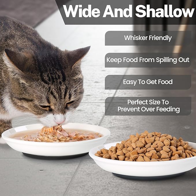 Cat Food Bowls, Whisker Friendly Ceramic Cats Bowls with Nonslip Silicone Bottom, Pack of 6 Quiet Dishes and Plates for Feeding Indoor Cats, Kittens and Small Dogs(Fishbone + Cat Paw)