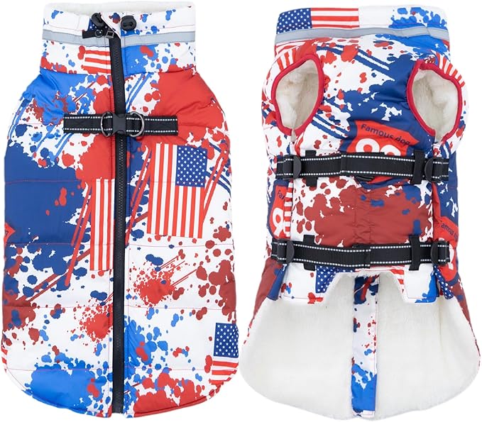 Dog Coat with Harness Built-in, Waterproof Reflective Fleece Lined - Warm Windproof Winter Jacket with Back Zipper, Cold Weather Snow Dog Coats - American Flag - L