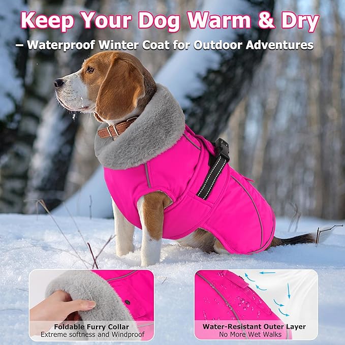 Dogcheer Dog Coat with Pocket, Waterproof Dog Jacket with Adjustable Buckle, Reflective Puppy Winter Coat Warm Turtleneck Fleece SnowJacket for Small Medium Large Dogs - Pink M