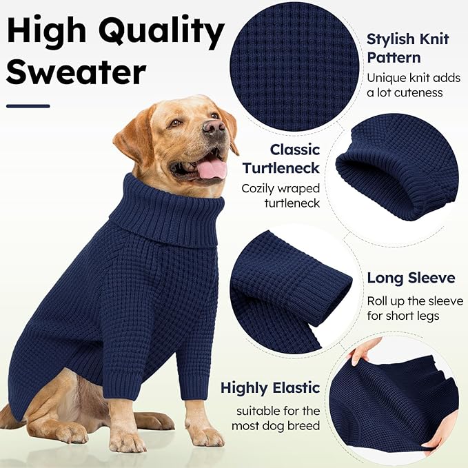 Queenmore XXL Dog Sweater, Large Paild Dog Sweaters, Turtleneck Pet Sweaters for Large Breeds, Cold Weather Doggie Clothes, Navy Blue 2XL