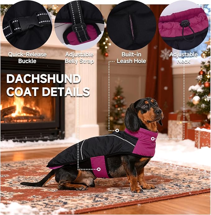 DORA BRIDAL Dachshund Coat, Fleece Lined Dog Winter Coat, Warm Dog Coats with Reflective Strips, Adjustable Waterproof Pet Jacket Clothes, XS