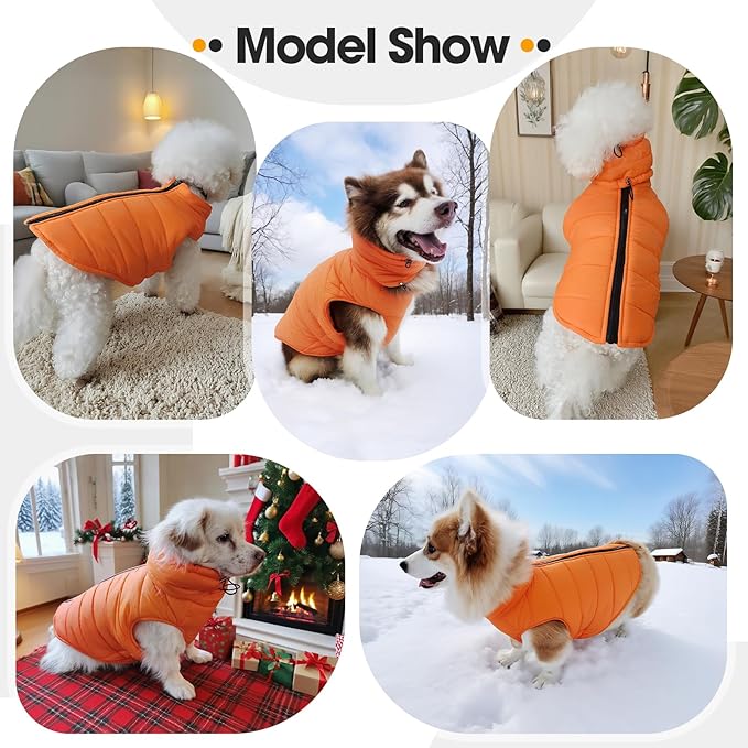 Dog Coats for Large Dogs Winter Waterproof, Zip Up Lightweight Vest for Dogs, Orange Pet Snow Jacket, Winter Outdoor Dog Camping Jackets for Weimaraner, Pointer, Labrador, Orange XL