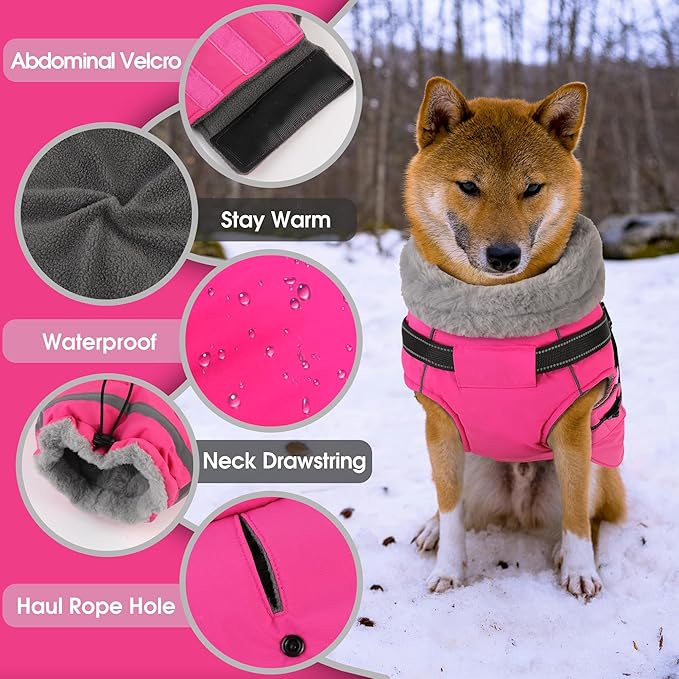 PETDSH Dog Coat Large, Built-in Harness Dog Jacket with Warm Fleece Lining, Waterproof Reflective Dogs Winter Coat, Pet Coats with Pocket and Trash Bags (Pink, Large)