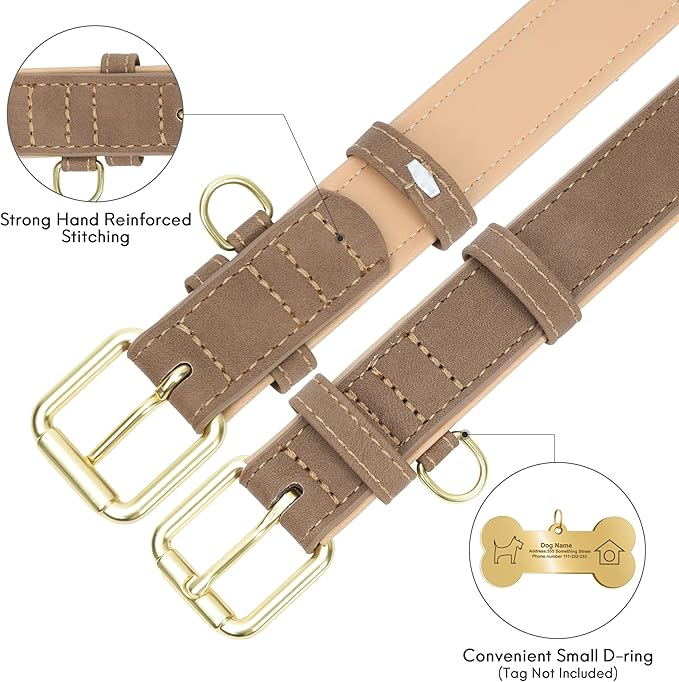 Leather Dog Collar for Small Medium Large Dogs, Soft Padded Dog Leather Collar with Heavy Duty Gold Buckle, Durable & Comfortable for Puppy Dogs Daily Walking (Light Brown, XS)