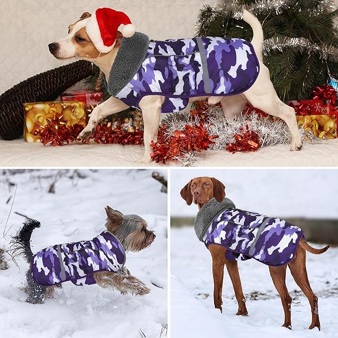 Dogcheer Warm Dog Coat, Waterproof Dog Jacket Christmas Puppy Winter Coat with Buckle, Reflective Adjustable Pet Snow Jacket Turtleneck Fleece Sweater for Small Medium Large Dogs - Camo Purple, 2XL