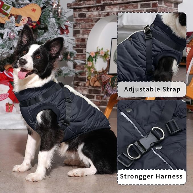 Dog Jacket with Harness,Fleece Lined Warm Puppy Coat for Winter,Soft Windproof Small Dog Vest,Black XS