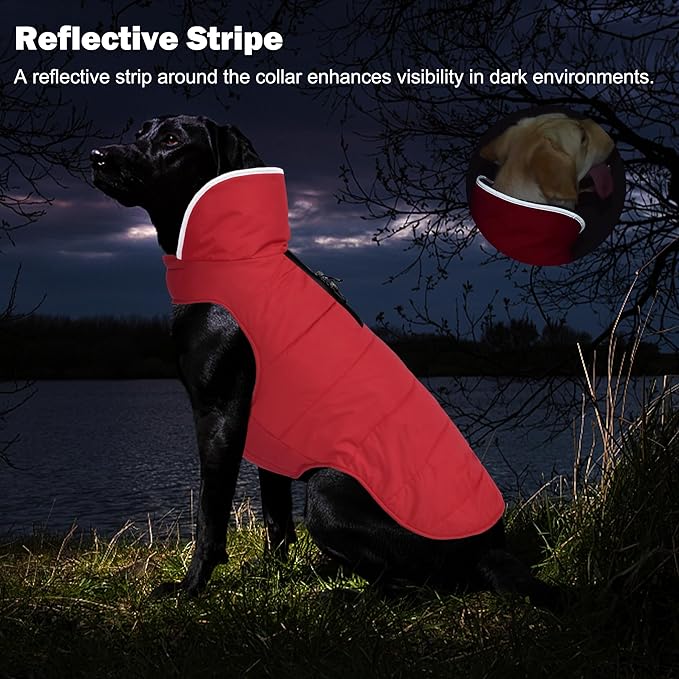 Dog Winter Coat, Waterproof Dog Jacket with Leash Hole, Reflective Adjustable Pet Snow Vest, Warm Fleece Sweater for Small Medium Large Dogs - Red, XL