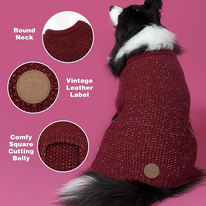 KYEESE Dog Sweater with Leash Hole Comfy Pullover Sweater Medium Size Male with Reflective Yarn Warm Pet Coats Stretchy Cozy Lightweight Thick Knitwear Dog Clothes,Dark Red, X-Large