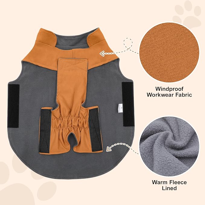 Workwear Style Dog Coats with Harness Built in for Small Dogs Windproof Warm Puppy Jacket with Storage Pockets for Cold Winter,BrightBeige XL