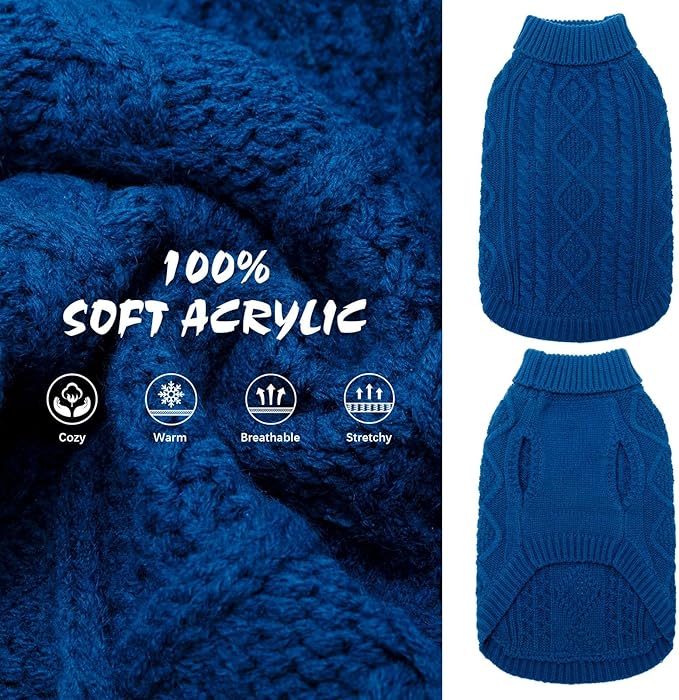 BINGPET Thermal Knitted Dog Sweater for Small Medium Large Dogs,Winter Dog Cat Coat Warm Sweartershirts Outfits,Classic Cable Knit Turtleneck Pullover Dog Jumper Coat Warm Sweartershirts(Blue,S)