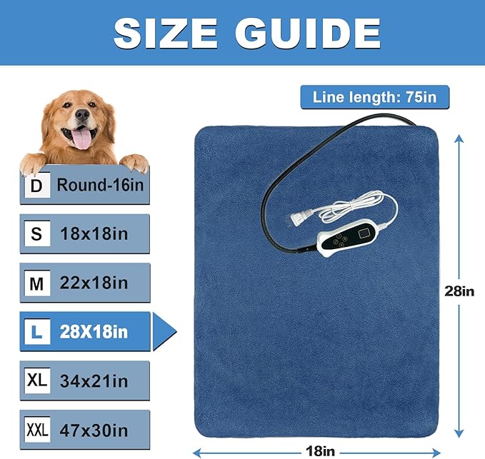 Bestio Dog Heating pad 28×18 in Waterproof Heating Pad for Dogs Adjustable Thermostat (1-24 Hours) and Chew Resistant Steel Cord- Blue