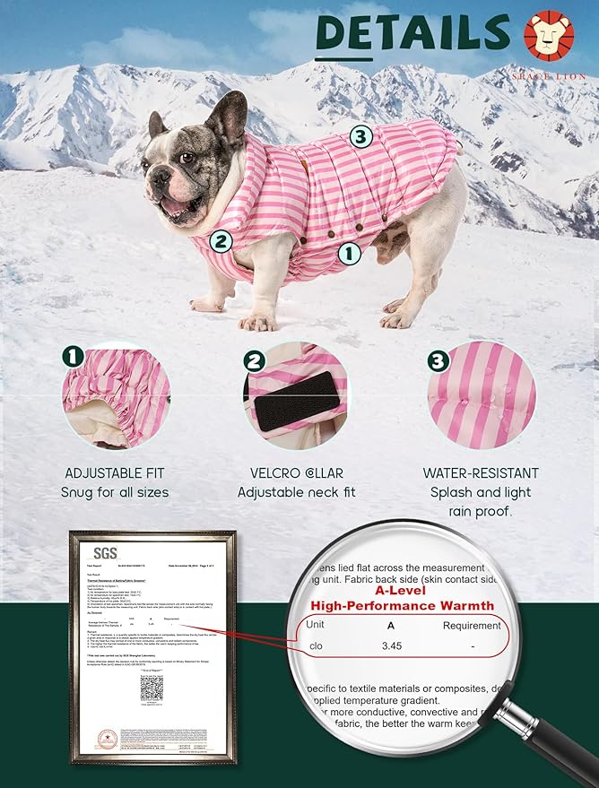SPACE LION Dog Puffer Jacket, Down Winter Coat, Durable Outdoor Coat for Cold and Windy Conditions, Waterproof, Lightweight Jacket, Adjustable Fit for Small, Medium, Large Dogs(Pink,12/M)