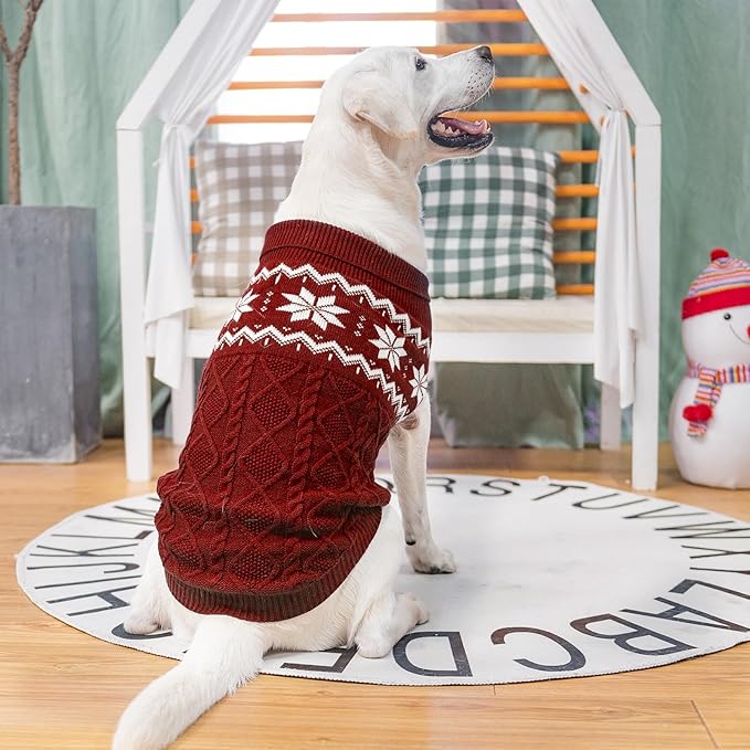 Warm Winter Pink Dog Sweater - Cold Weather Pet Clothes for Small Medium Large Dogs Indoor Outdoor, Soft Classic Knit Puppy Apparel Coat, Dark Red, XL
