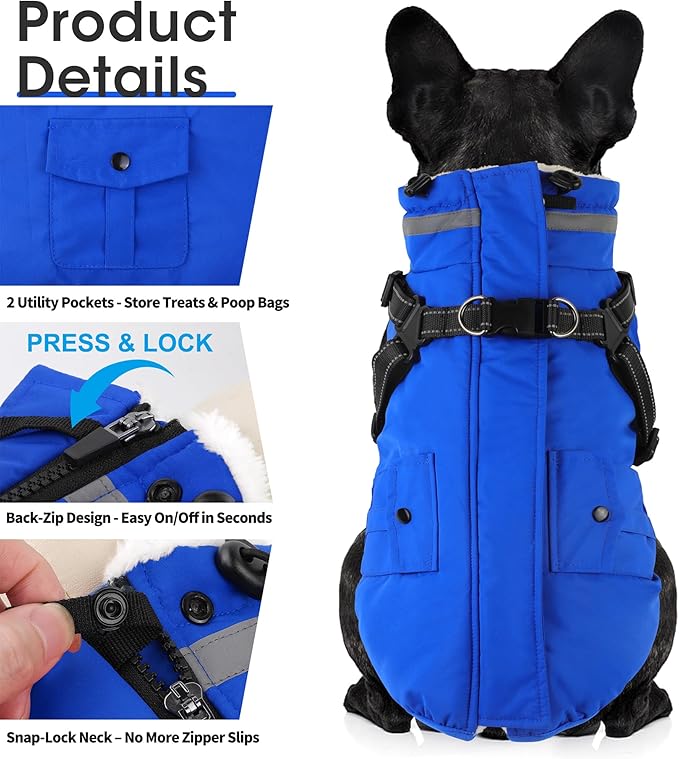 Dogcheer Dog Coat with Harness, Waterproof Warm Dog Winter Jacket with Pockets, Reflective Pet Fleece Jacket Turtleneck Snowsuit for Small Medium Large Dogs - Blue, 2XL