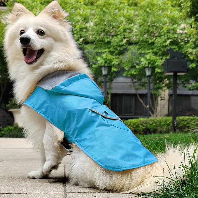 Small Dog Raincoat Dogs Rain Jacket Reflective Poncho Rainwear Waterproof Pet Clothes Warm Lined Pocket Hooded Leash Hole Adjustable for Puppy,Blue,S,Back Length 8.3 Inch