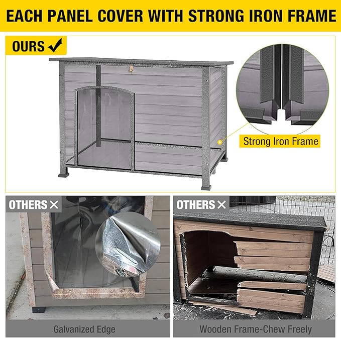 Aivituvin Large Dog House Outdoor Indoor Weatherproof Dog House for Small & Medium & Large Dogs with Unique All-Around Iron Frame＆Raised Feet（Grey）