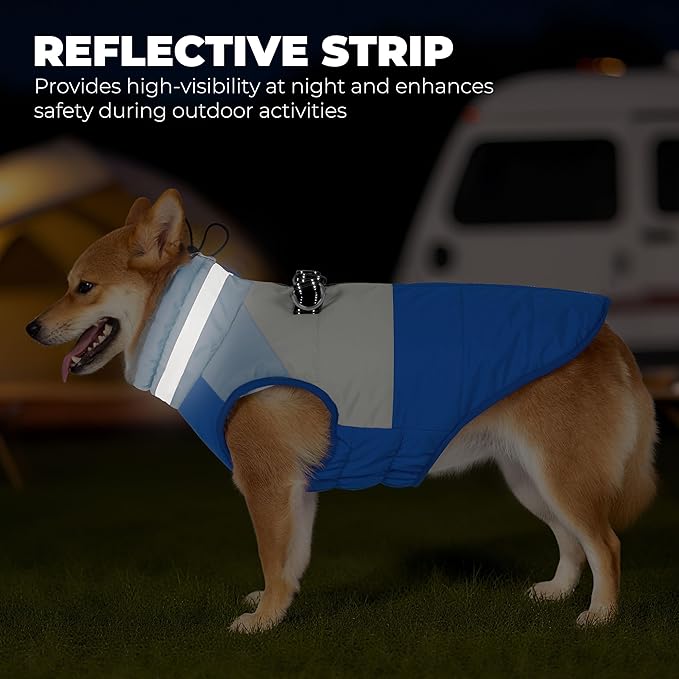 Dog Coat, Waterproof Dog Winter Jacket with Harness Built in, Turtleneck Warm Doggie Cold Weather Coats, Reflective Pet Vest for Indoor & Outdoor, Windproof Dogs Snowsuit, Blue Large