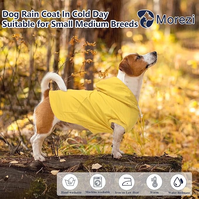 Dog Raincoat rain Jacket Dogs Waterproof fit for Small Medium Breeds Zipper Closure Pocket Storage in Cold Day - Yellow - S