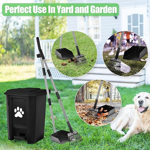 Pooper Scooper for Large Small Dogs, Poop Scooper Set-Long Handle Tray & Rake, Dog Poop Trash Can with Lid for Outdoors Yard Garden, 20L