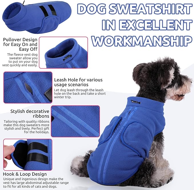 Queenmore XXS Dog Sweater, Soft Fleece Vest Pullover Dog Jacket with Leash Hole, Warm Winter Dog Coats Cold Weather Doggy Dachshund Sweaters for Small Dogs Cats Boy or Girl (Blue, XXS)
