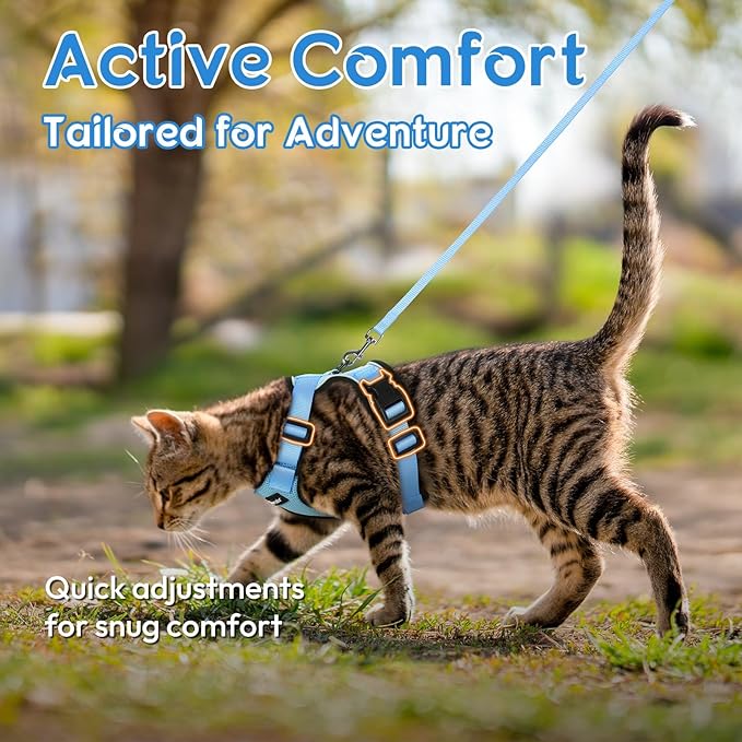 Dooradar Cat Harness and Leash Set, Escape Proof Safe Adjustable Kitten Vest Harnesses for Walking, Easy Control Soft Breathable Mesh Jacket with Reflective Strips for Cats, Light Blue, M