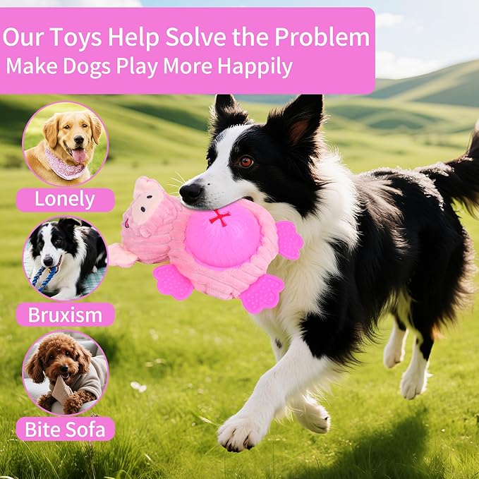 Interactive Dog Toys, Plush Dog Toy with Treat Dispensing Ball, Squeaky Dog Toy with Cute Plastic Paws for Playing,Slow Eat Hiding Food Enrichment Toy for Small & Medium Breeds(Pink)