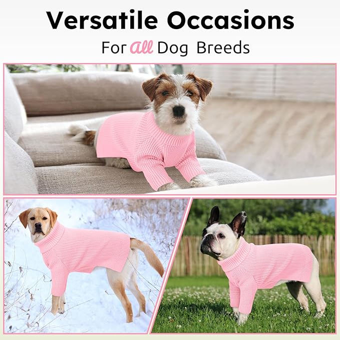 Queenmore Dog Sweaters for Large Dogs, Plaid Large Dog Sweater, Turtleneck Pet KintSweater with Check Pattern, Long Sleeve Holiday Pet Knitwear, Pink L
