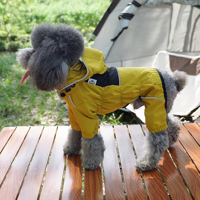 LOVELONGLONG Fleece-Lined Dog Raincoat with Removable Hood – Waterproof Winter Full Body Dog Jacket – Windproof Snowproof Cold-Weather Suit – Yellow-F 3XL