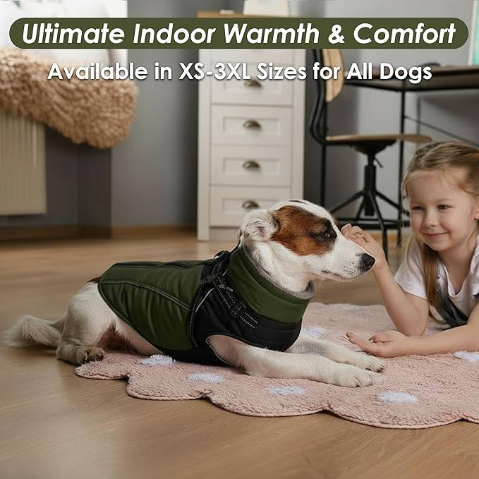 ASENKU Reflective Dog Coat with Built-in Harness, Windproof Fleece-Lined Dog Jacket for Small, Medium, Large Dogs, Warm Winter Vest with Turtleneck & Zipper (Green M)