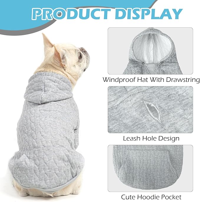 EXPAWLORER Textured Cable Knit Basic Dog Hoodie, Elevated Style Dog Sweater with Leash Hole and Pocket, Soft and Warm Pet Winter Coat, Cold Weather Clothes for Small Medium Large Dogs,Grey L
