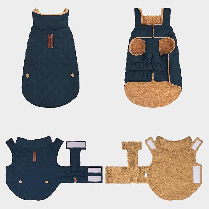 azuza Dog Jacket Waterproof & Windproof Dog Coat for Small Dogs with Thick Fleece, High Collar with Leash Hole, Adjustable Velcro & Elastic Belly, Navy L