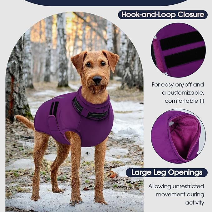IECOii Waterproof Dog Coat for Medium Dogs, Reflective Dog Jacket with Collar Built in, Thick Fleece Dogs Coat for Winter Easy On Hook & Loop Pet Snowsuit for Hunting, Hiking, Camping, Purple - L