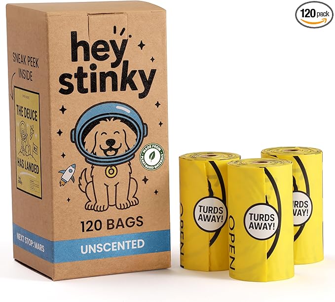 Dog Poop Bags 120 Count – Leakproof, Extra Thick & Easy Open | Unscented Plant-Based PLA + PBAT, Fits All Dispensers | Funny Hey Stinky Design – $1 Donated to Service & Therapy Dogs