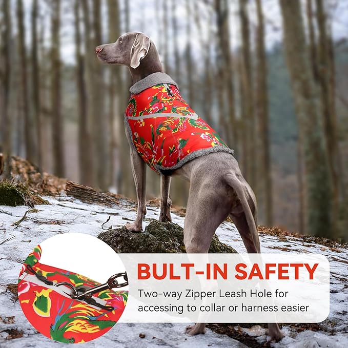 VIVAGLORY Snowrap Dog Coat, Jacket with Harness Hole & Velcro Closure, Dog Coat for Winter & Cold Weather, Fluffy Warm Fleece Lined Reflective Water Resistant for Puppy, S, Northeast Florals-Red