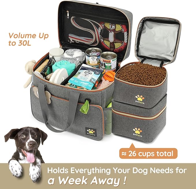 Dog Travel Bag for Week Away/Overnight Trips - Multi-Function Pockets, Ideal Dog Diaper Bag & Travel Kit (Grey)