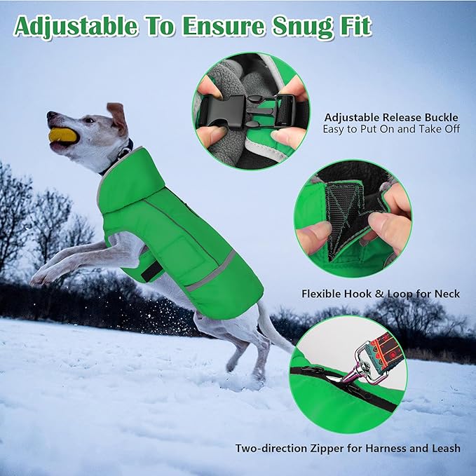 Dogcheer Warm Dog Coat, Waterproof Dog Jacket Christmas Puppy Winter Coat with Buckle, Reflective Adjustable Pet Snow Jacket Turtleneck Fleece Sweater for Small Medium Large Dogs - Green, 3XL