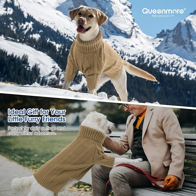Queenmore XXL Dog Sweater,Large Dog Sweaters for Dogs Girls Boys,Xmas Turtleneck Pullover Pet Sweaters for Large Dogs,Cold Weather Doggie Sweatshirt Knitwear for Golden Retriever,Labrador(Camel,XXL)