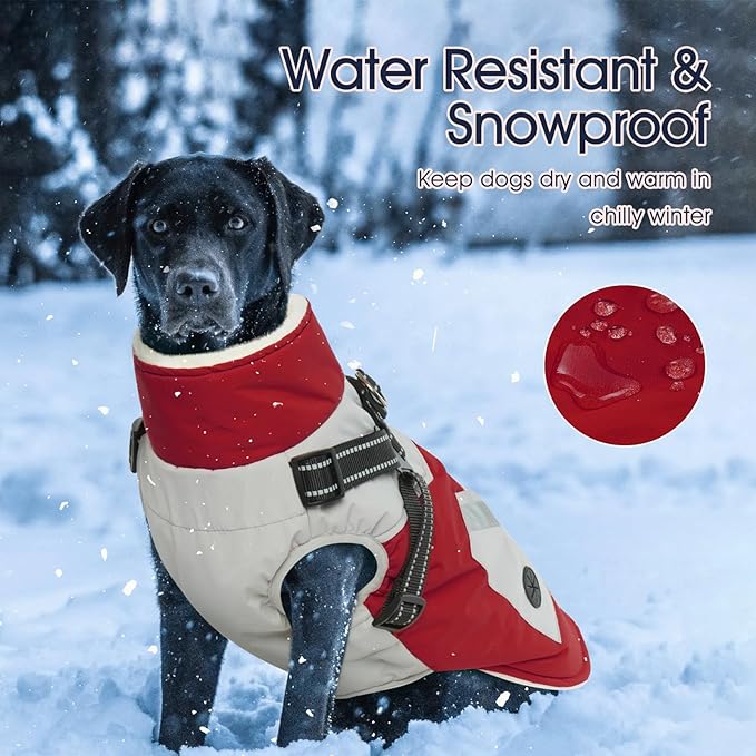 IECOii Dog Winter Coat Waterproof - Red, Medium - Dog Coat with Harness Built in for Medium Dogs, Thermal Warm Fleece Lined with Zip Up Cold Weather Jacket, Reflective Snowsuit for Outdoor Hiking