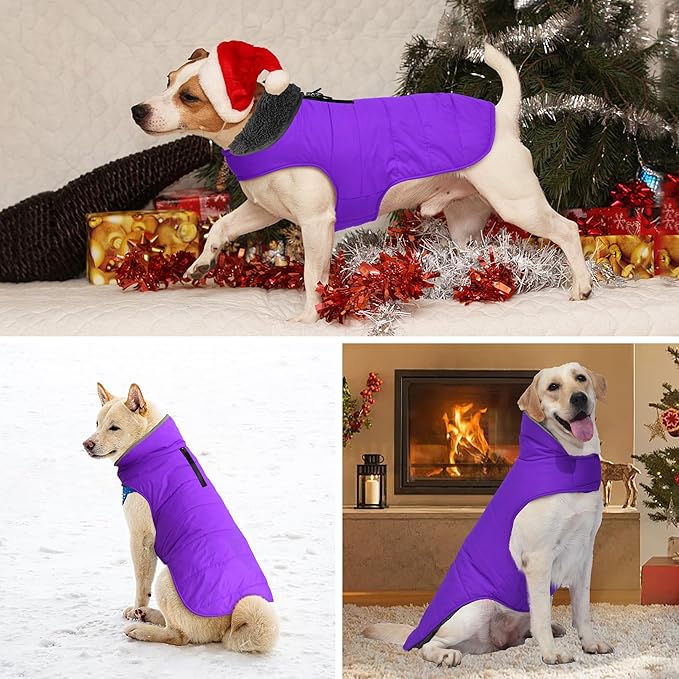 Dog Winter Coat, Waterproof Dog Jacket with Leash Hole, Reflective Adjustable Pet Snow Vest, Warm Fleece Sweater for Small Medium Large Dogs - Purple, 3XL