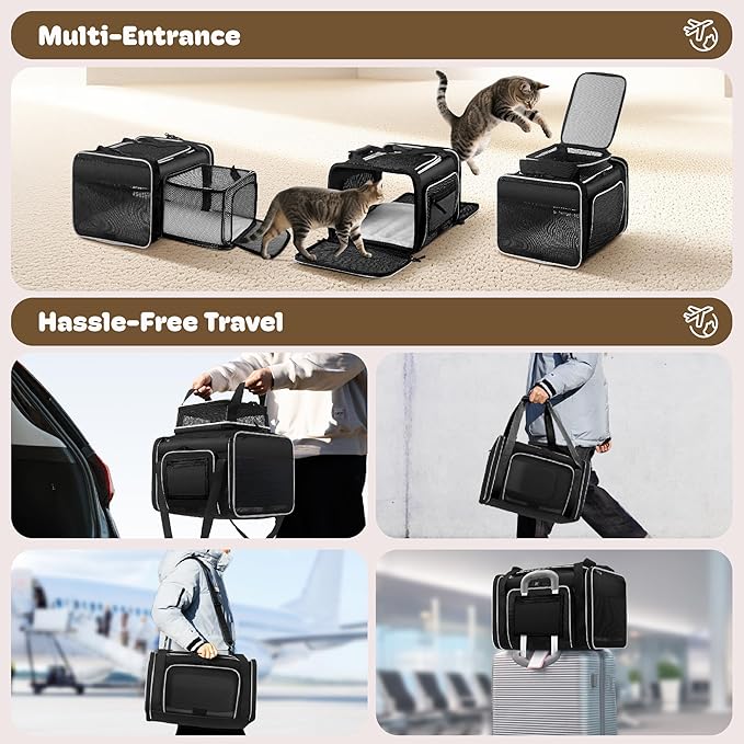 Top and 2 Sides Expandable Cat Carrier 17x11x11, TSA Airline Approved Dog Carriers for Medium Dogs, Soft-Sided Pet Carrier with Self-Locking Zippers for Kitten,Rabbit, Puppy, Guinea Pig Black White