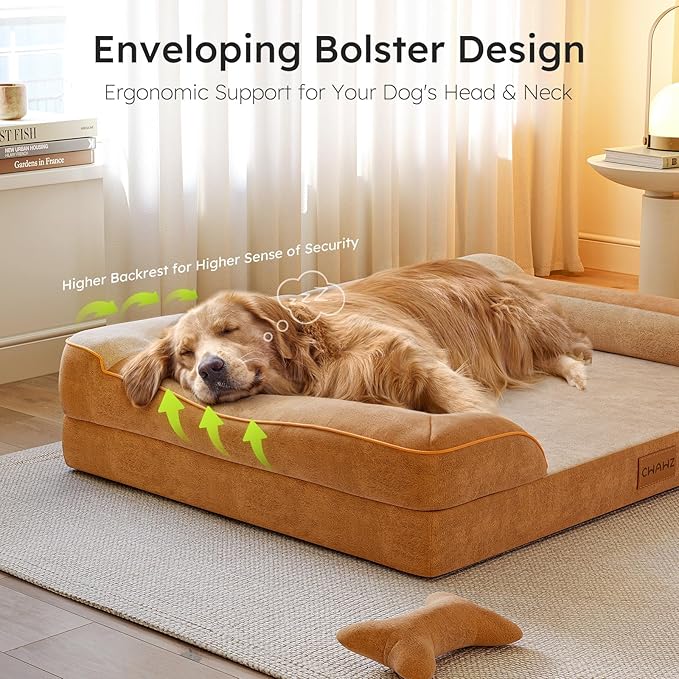 Extra Large Dog Bed, Orthopedic Dog Beds with Cooling Gel Memory Foam, Waterproof XL Pet Bed with Removable Washable Cover, 42" Pet Sofa Couch Dutch Velvet with Bone Toy, Brown