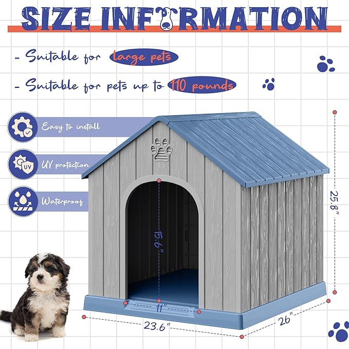 Dog House Outdoor Indoor, Plastic Small Dog House-Weatherproof & Insulated Design with Air Vents & Elevated Floor for Small to Medium Dogs, Easy Clean and Assemble (Blue)