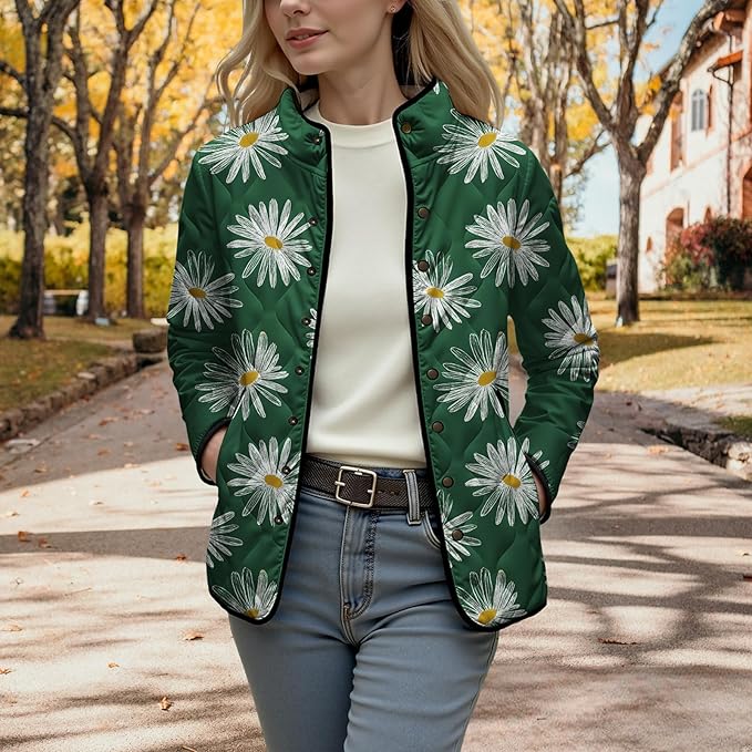LIZALIG Women's Cropped Puffer Jacket Lightweight Floral Print Long Sleeve Padded Quilted Puffy Cardigan Coat