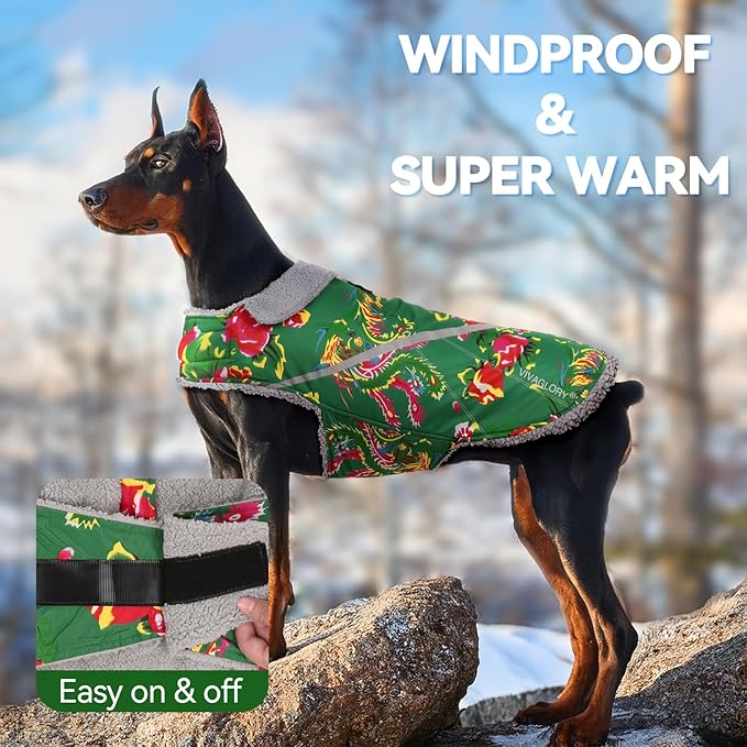 VIVAGLORY Snowrap Dog Coat, Jacket with Harness Hole & Velcro Closure, Dog Coat for Winter & Cold Weather, Fluffy Warm Fleece Lined Reflective Water Resistant for Puppy, XS, Northeast Florals-Green