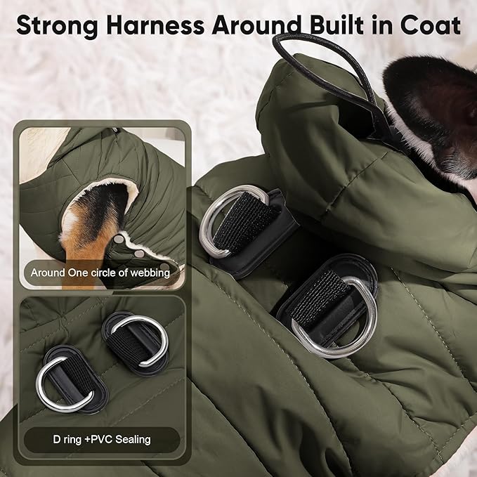Fleece Lining Dog Hoodie with Harness Built in,Extra Warm Medium Dog Jacket in Winter Doggie Coats with Drawstring Hooded,Green XL