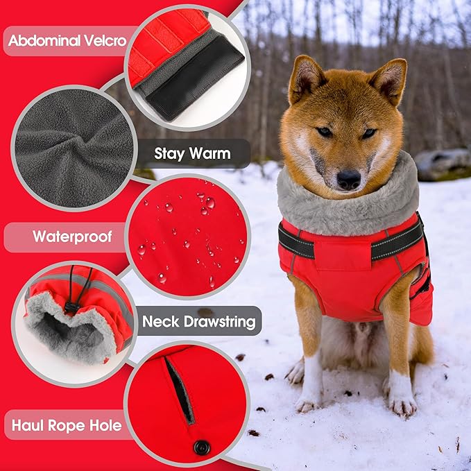 PETDSH Dog Coat Medium, Built-in Harness Dog Jacket with Warm Fleece Lining, Waterproof Reflective Dogs Winter Coat, Pet Coats with Pocket and Trash Bags (Red, Medium)
